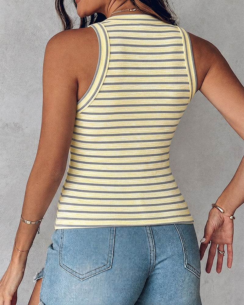 Women's Striped Racerback Tank Top Slim Fit Ribbed Sleeveless Top with Built in Bra
