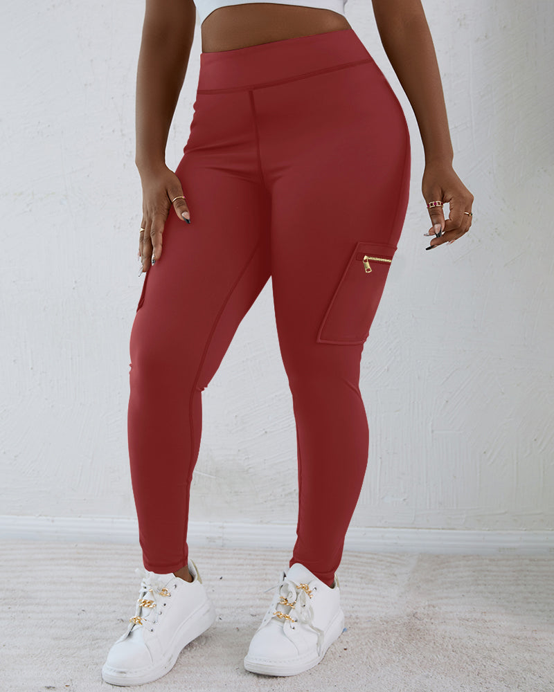 Zipper Pocket Slim Fit Yoga Pants Casual High Waist Workout Pants