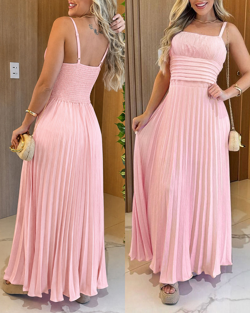 French Style Square Neck Adjustable Straps Backless Cami Maxi Dress Casual Cinched Waist Shirred Back Pleated Vacation Dress