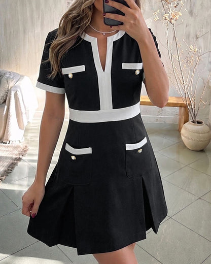 Women's Contrast Binding Notch Neck Pearl Detail Short Sleeve A-Line Mini Dress
