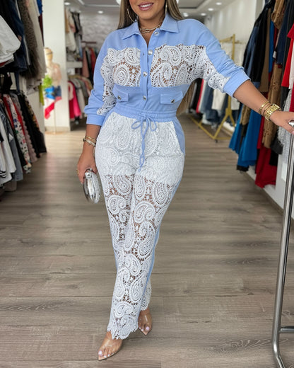 2 Pieces Outfit Turn-down Collar Button Front Flap Detail Top and Drawstring Elastic Waist Pants Set Casual Guipure Lace Spliced Colorblock Set