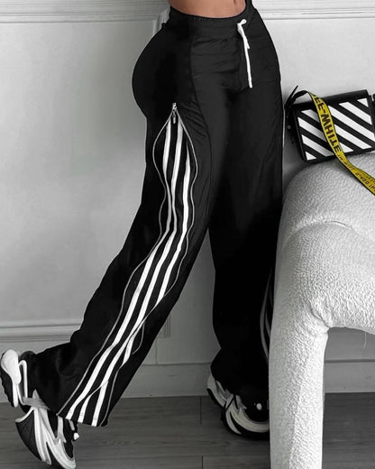Contrast Side Striped & Zipper Slit Side Drawstring Elastic Waist Trousers Casual Wide Leg Pants
