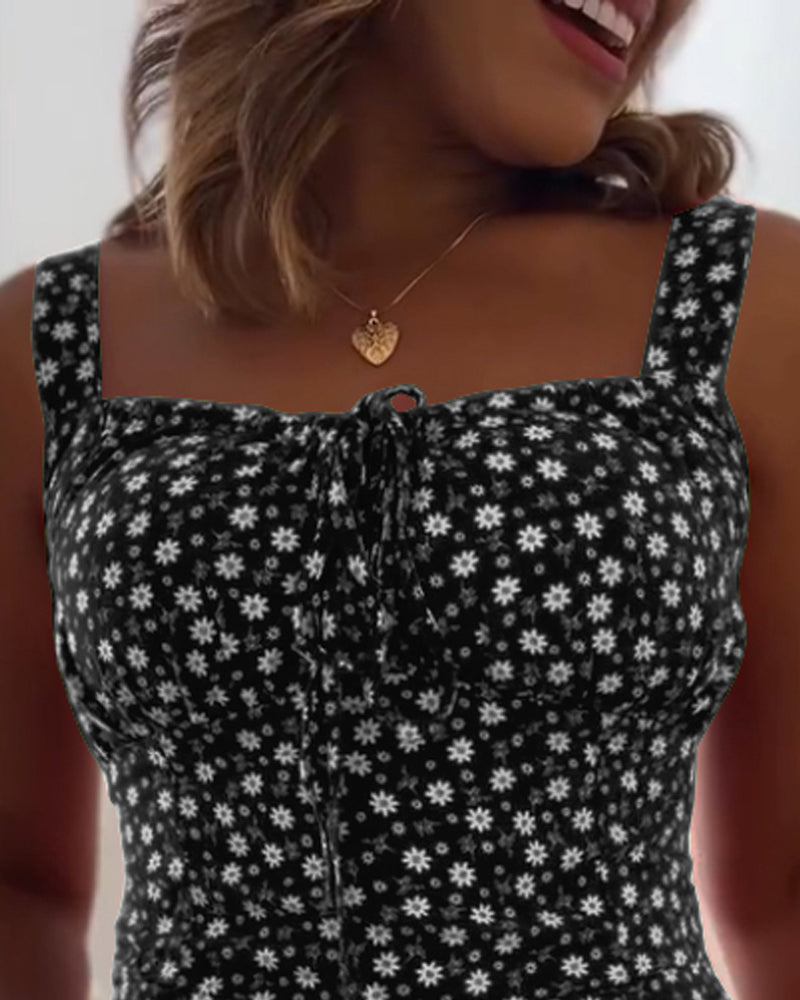 Floral Print Square Neck Thick Strap Tied Detail Romper Casual Shirred Lace-up Back Slit Skort Romper