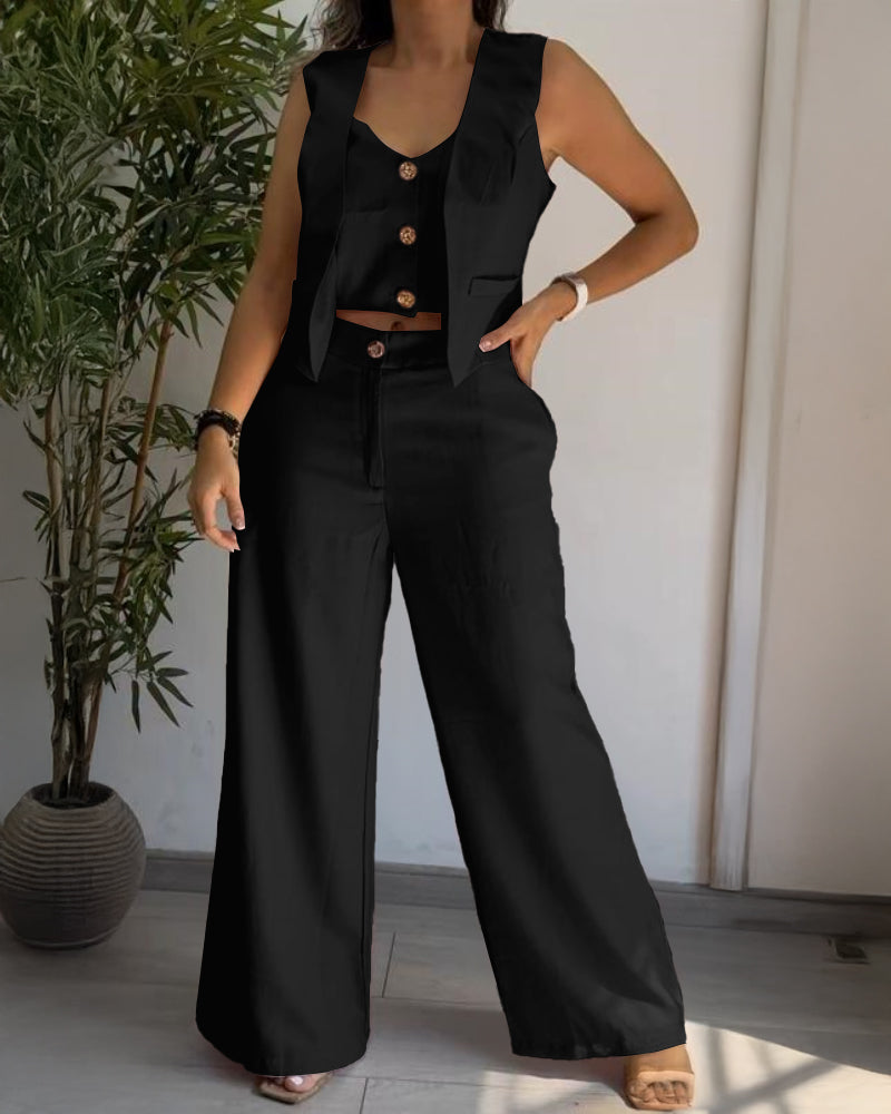 2 Pieces Outfits V Neck Sleeveless Button Front Vest Crop Top And Casual Zipper Fly Elastic Back Waist Wide Leg Pants Set