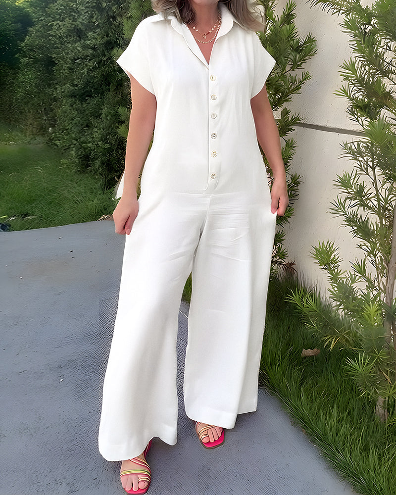 Turn-down Collar Short Sleeve Button Front Breathable Overalls Casual Wide Leg Linen Jumpsuit