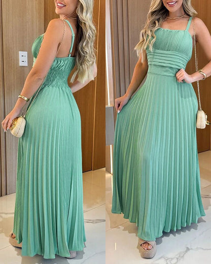 French Style Square Neck Adjustable Straps Backless Cami Maxi Dress Casual Cinched Waist Shirred Back Pleated Vacation Dress