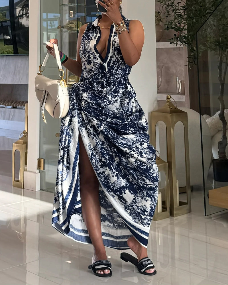 Vintage Ink Print Turn-down Collar Sleeveless Butto Front Maxi Dress Casual Zipper Back Tie Waist Side High Slit Vacation Dress with Belt