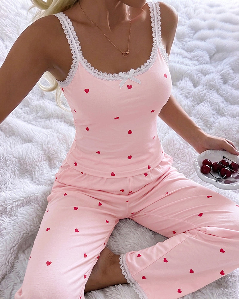Women's 2 Piece Heart Print Pajama Set Lace Trim U-Neck Cami Top and Pants Sweet Lounge Set with Pockets