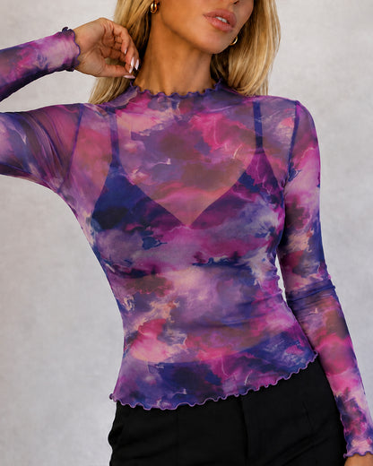 Women's Vintage Tie Dye Print Sheer Mesh Top Frill Trim Mock Neck Long Sleeve Tee