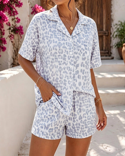 Women's 2 Piece Leopard Pajama Set Button Down Half Sleeve Top and Shorts Casual Loungewear