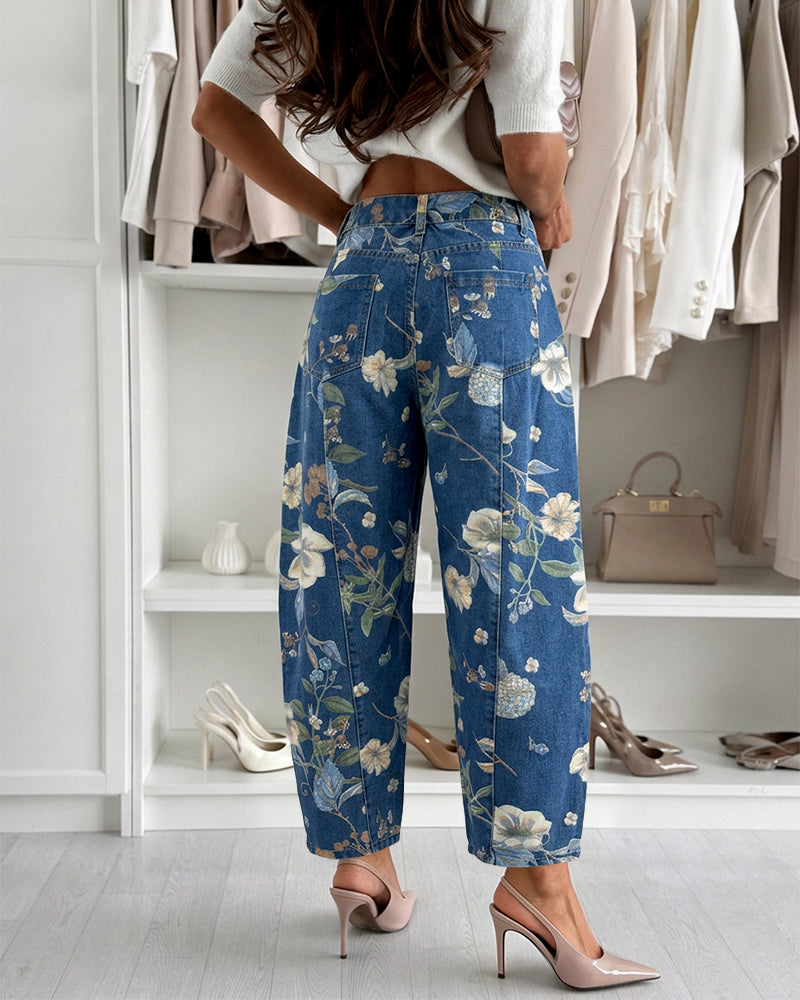 Women's Vintage Floral Printed Baggy Denim Pants Casual High Waisted Cropped Barrel Jeans