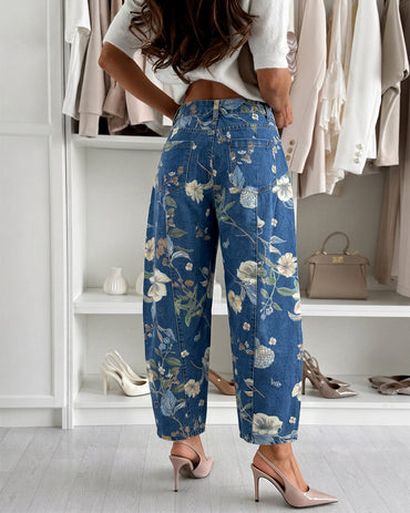 Women's Vintage Floral Printed Baggy Denim Pants Casual High Waisted Cropped Barrel Jeans