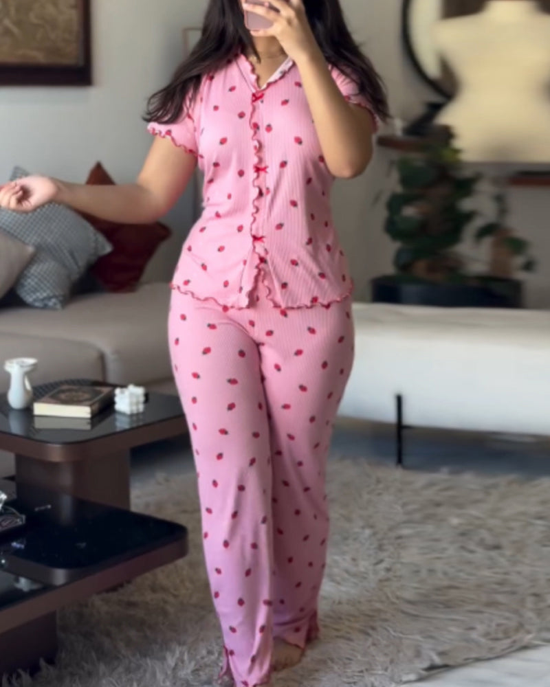 2 Pieces Outfit Strawberry Print Stand Collar Short Sleeve T shirt Pants Pajamas Set