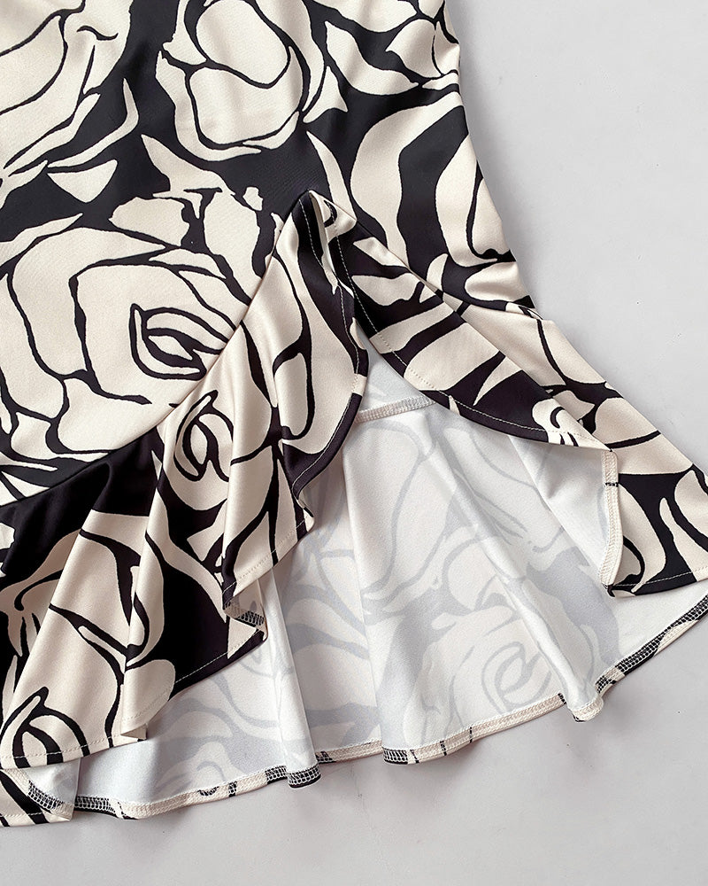 Floral Pattern Off Shoulder Ruffle Hem Slit Dress