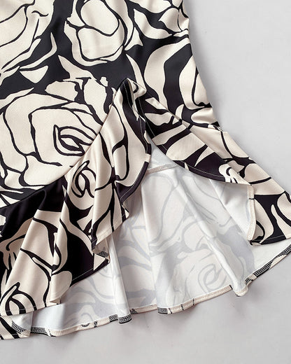 Floral Pattern Off Shoulder Ruffle Hem Slit Dress