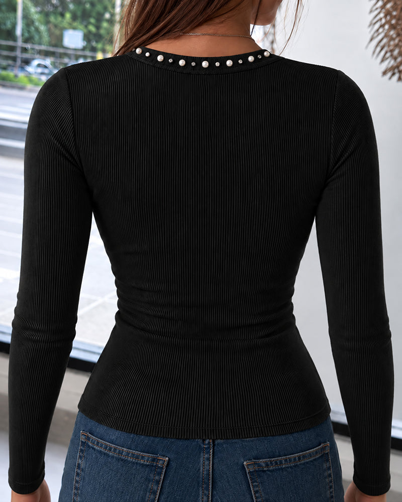 Women's Pearl Rhinestone Round Neck Long Sleeve Ribbed Fitted Top