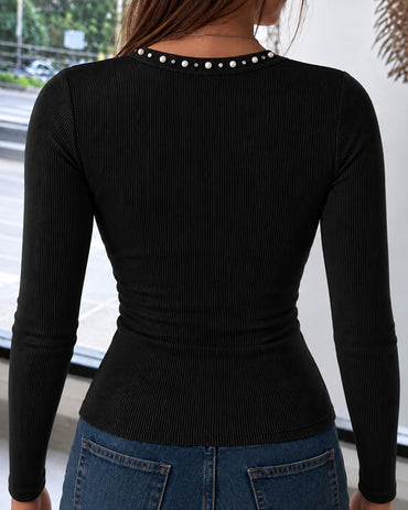 Women's Pearl Rhinestone Round Neck Long Sleeve Ribbed Fitted Top