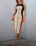 Colorblock O-neck Sleeveless Zipper Front Midi Dress Slim Fit Slit Front Commuting Dress