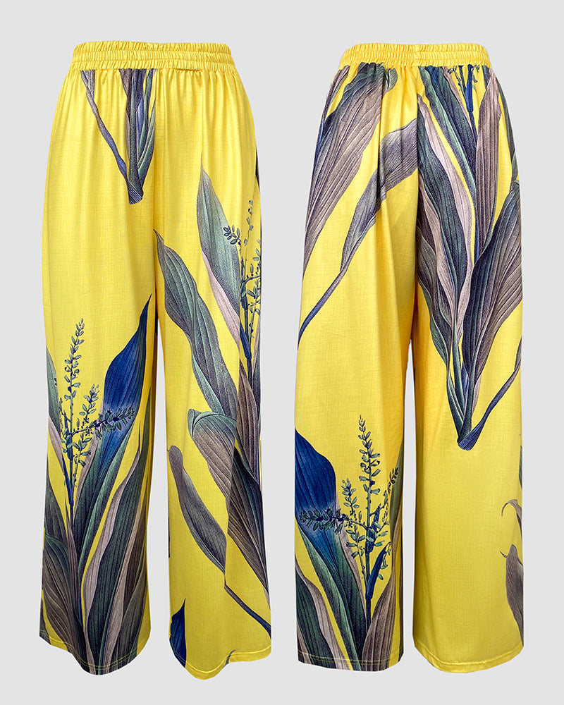 2 Pieces Outfit Plants Print Cold Shoulder Batwing Sleeve Top and Casual Wide Leg Pants Set