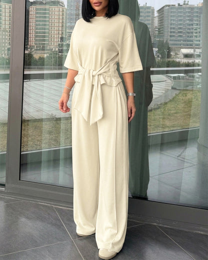 Women's 2 Piece Outfits Tied Waist Half Sleeve Top and High Waisted Pleated Wide Leg Pants Casual Loungewear