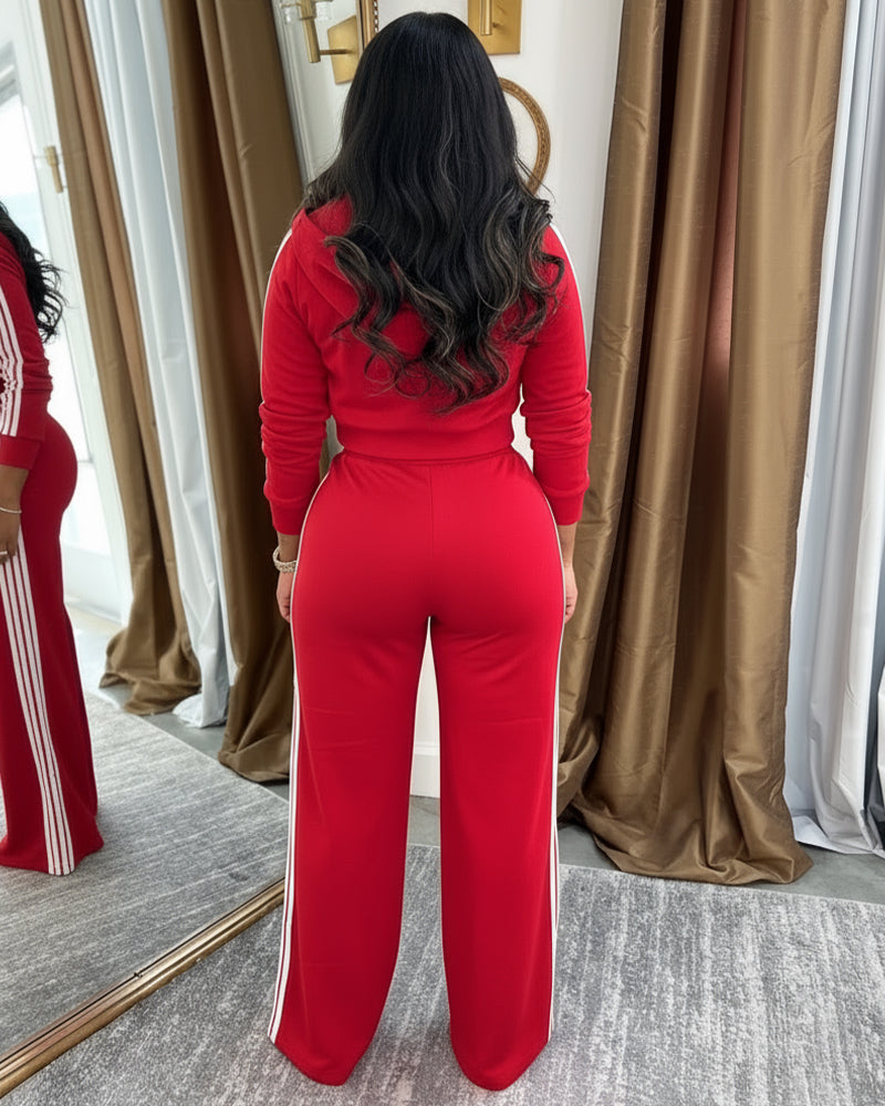 2 Pieces Outfit Zip Up Drawstring Hoodie Crop Coat and Drawstring Elastic Waist Wide Leg Pants Set Casual Contrast Side Striped Tracksuit