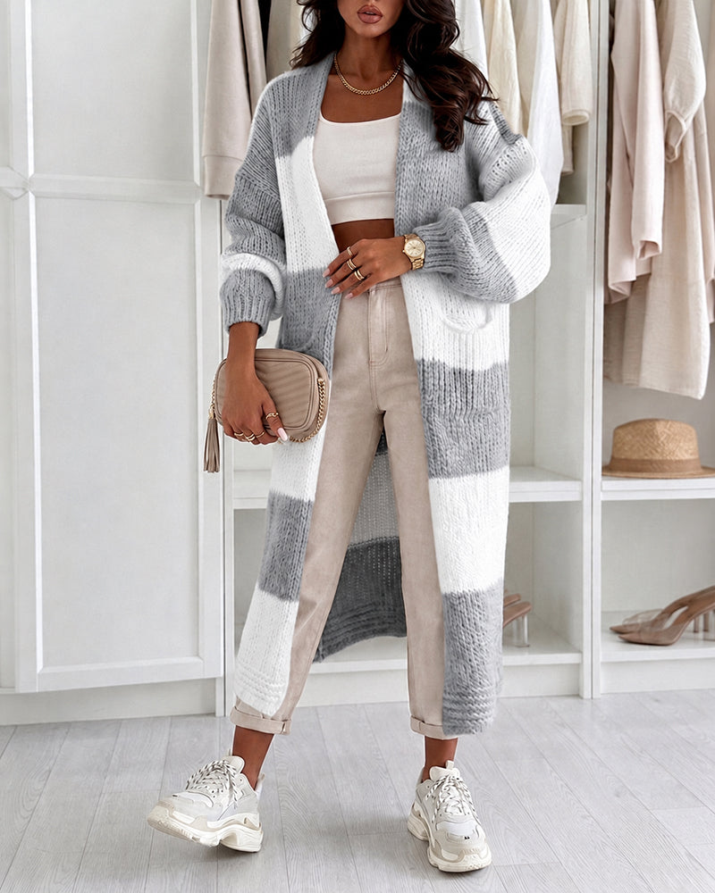Women's Checkerboard Knit Cardigan Oversized Long Chunky Sweater Loose Lantern Sleeve Coat with Pockets