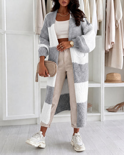 Women's Checkerboard Knit Cardigan Oversized Long Chunky Sweater Loose Lantern Sleeve Coat with Pockets