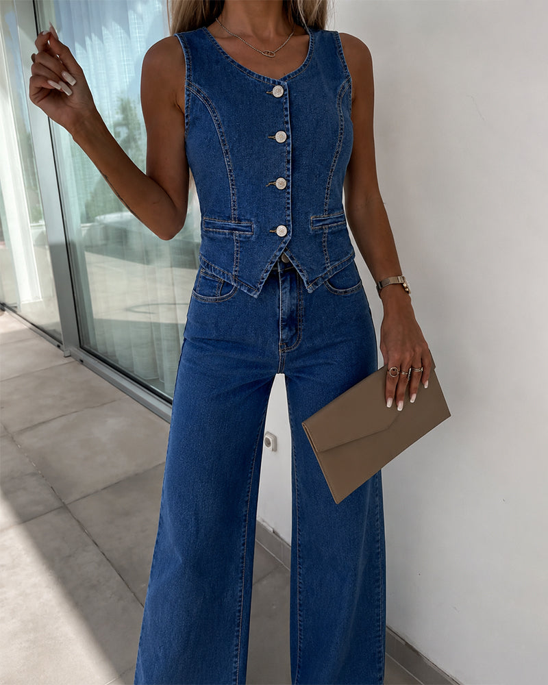 Women's Denim Set Sleeveless Button Down Crop Top and High Waist Straight Leg Jeans Casual Matching Set