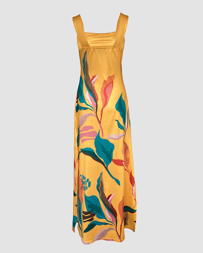 Tropical Print Thick Strap U-neckline Slim Fit Slit Maxi Dress Vocation Dress with Pockets