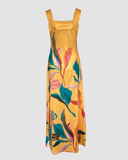 Tropical Print Thick Strap U-neckline Slim Fit Slit Maxi Dress Vocation Dress with Pockets