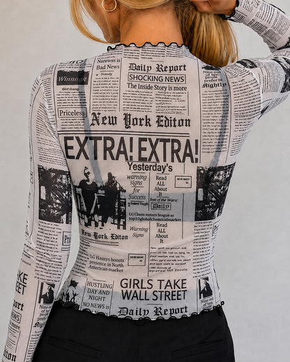 Women's Sheer Mesh Vintage Newspaper Print Mock Neck Frill Trim Long Sleeve Top
