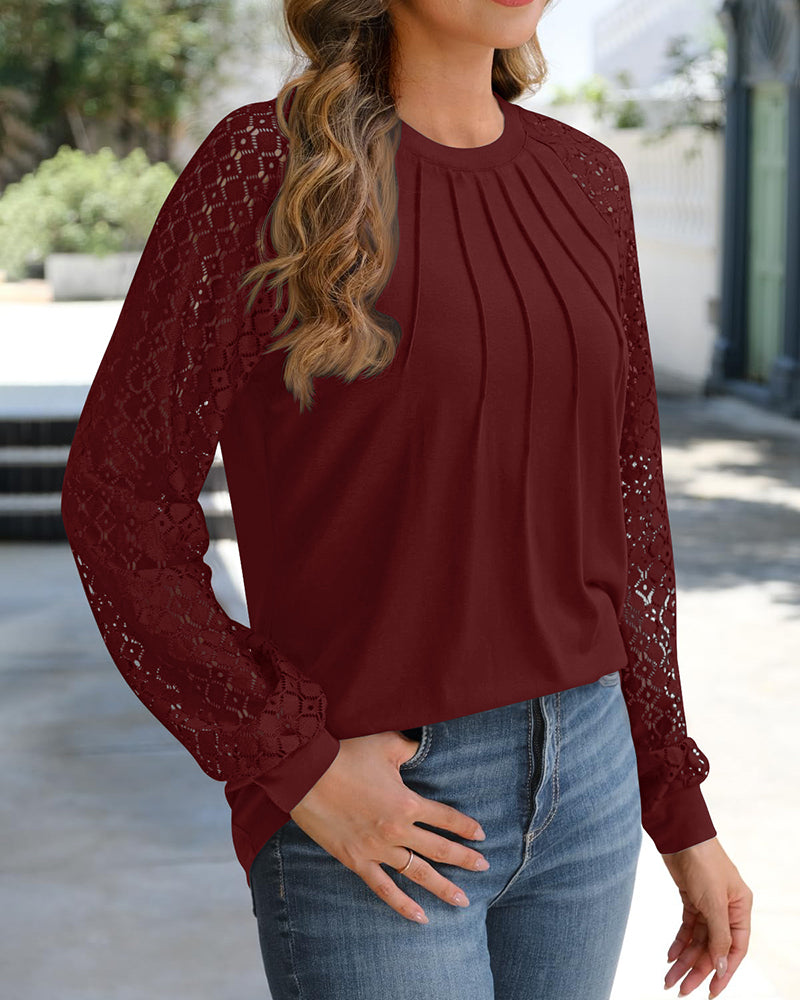 Contrast Lace Round Neck Lantern Sleeve Ruched Blouse Elegant Shirt