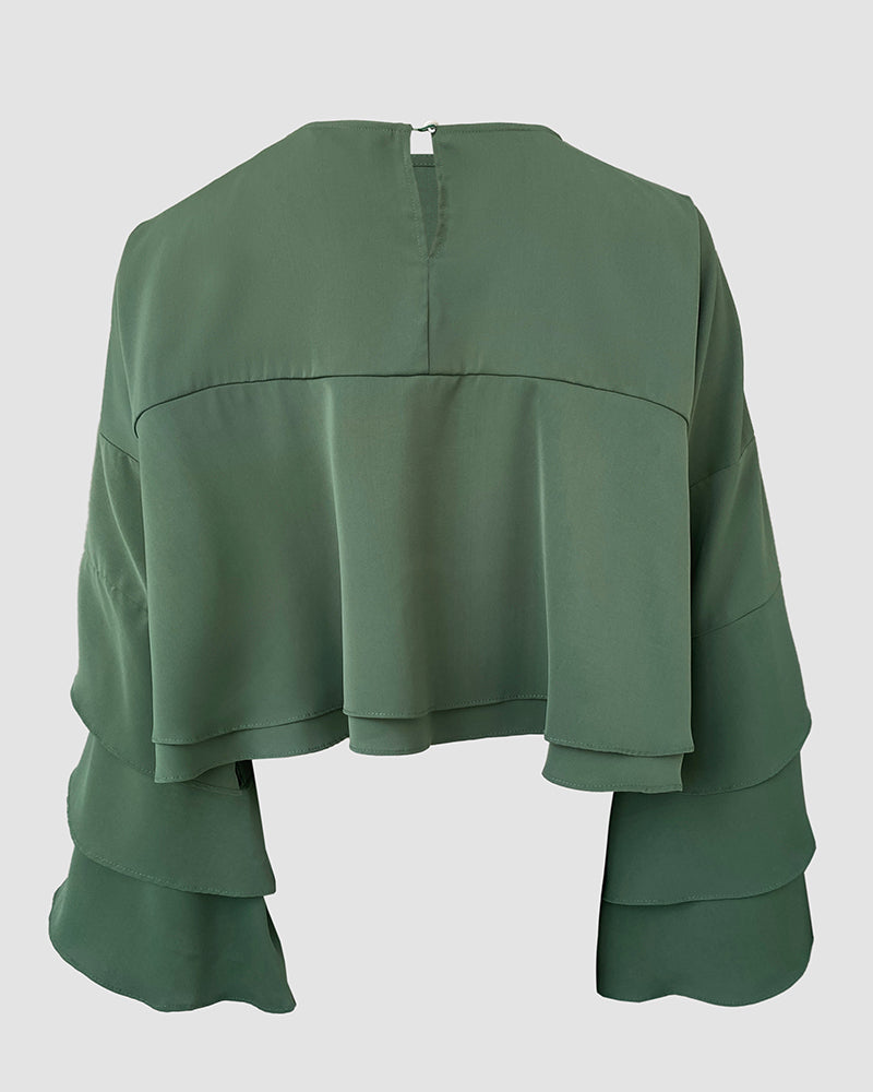 Round Neck Bell Sleeve Crop Top Casual Loose Fit Layered Blouse