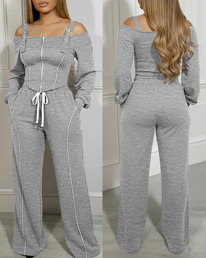2 Pieces Outfit Trendy Long Sleeve Cold Shoulder Top and Drawstring Waist Pants with Pockets