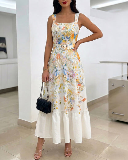Women's Floral Maxi Dress Square Neck Sleeveless Ruffle Hem Sundress Backless Shirred Summer Vacation Dress with Belt