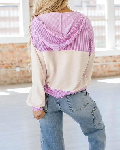Women's Colorblock Henley Hoodie Pullover Casual Drawstring Long Sleeve Loose Sweatshirt
