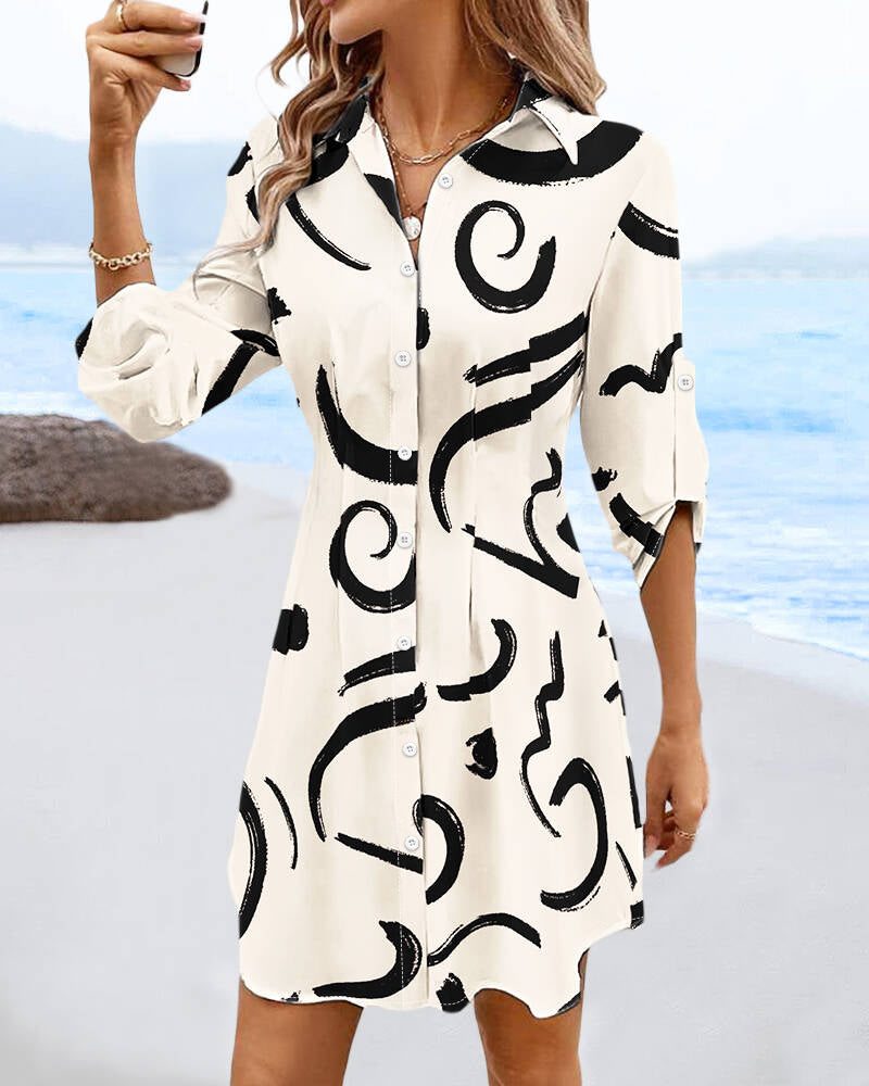 Abstract Print Turn-down Collar Turn-Up Sleeves Shirred Back Dress Casual Button Down Cinched Waist Curved Hem Shirt Dress