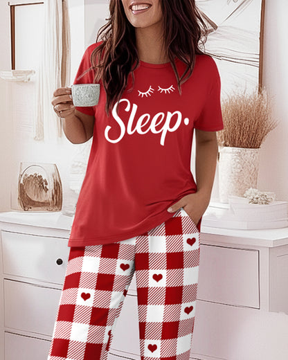 Valentine's Day 2 Pieces Outfit Sleep Letter Print Round Neck Short Sleeve Top and Heart & Colorblock Plaid Print Elastic Waist Pants Set Casual Loose Fit Pajamas Set