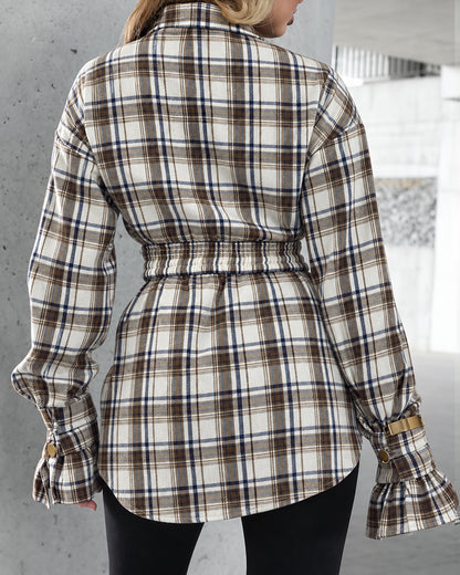 Women's Vintage Plaid Flared Ruffle Cuff Mid-Length Shirt with Elastic Belt