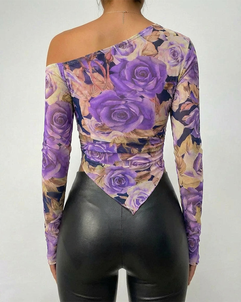 Vintage Floral Print Skew Neck Long Sleeve Asymmetrical Hem Tee Slim Fit Side Ruched Sheer Mesh Top with Thumb Hole Cuffs & Lining