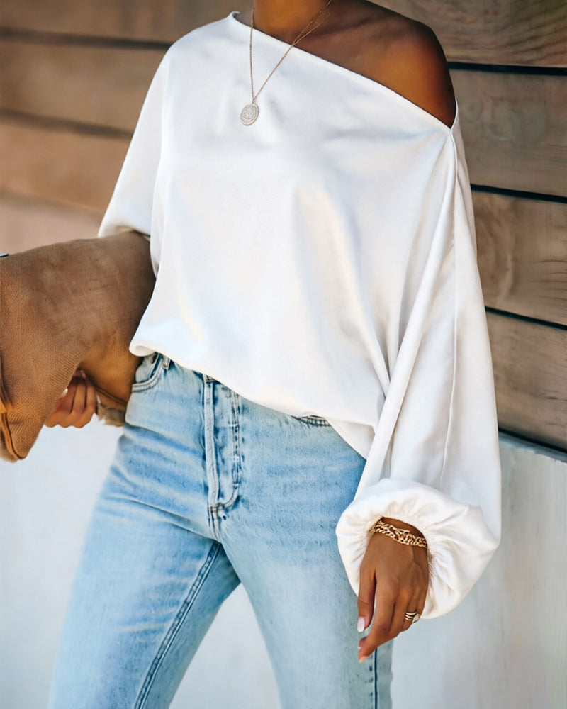 Women's Off Shoulder Satin Blouse Lantern Long Sleeve Shirt Casual Loose Fit Skew Neck Top