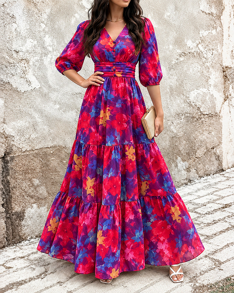 Vestido largo de gasa para mujer con flores vintage, escote en V, mangas abullonadas, cintura fruncida elástica y volantes