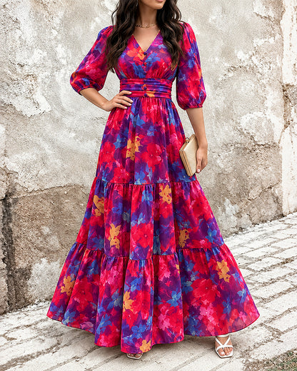 Vestido largo de gasa para mujer con flores vintage, escote en V, mangas abullonadas, cintura fruncida elástica y volantes