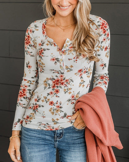 Women's Floral Print Henley Tee Ribbed Knit Slim Fit Long Sleeve Top