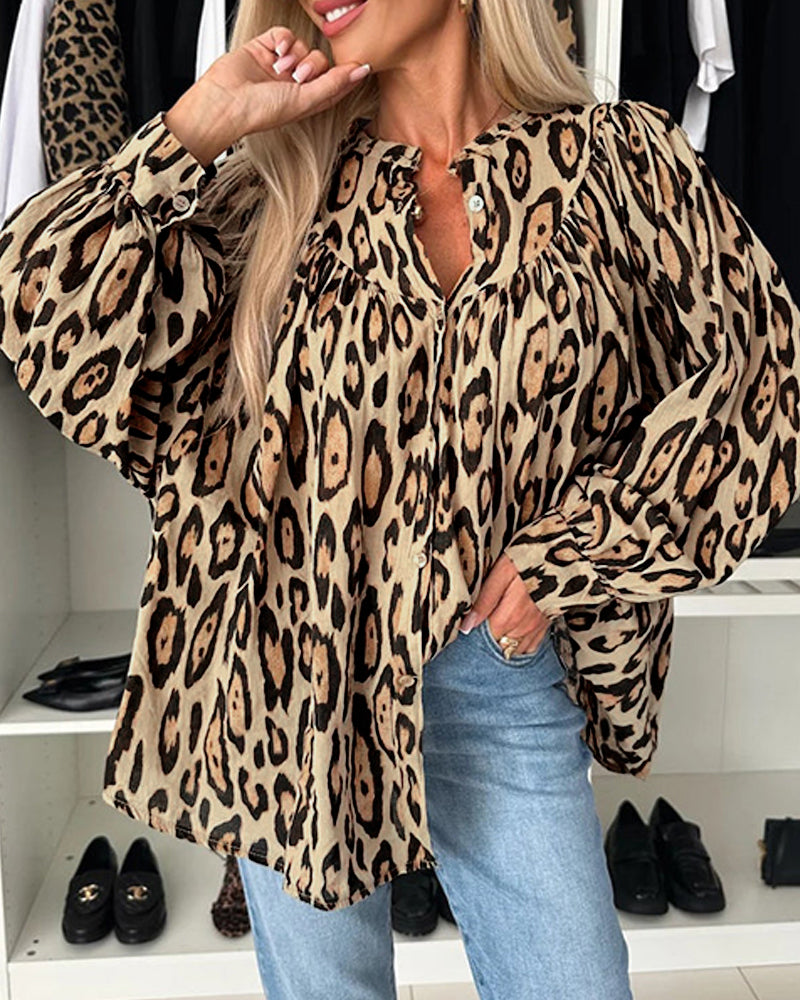 Leopard Print Round Neck Long Sleeve Front Button Blouse Casual Top