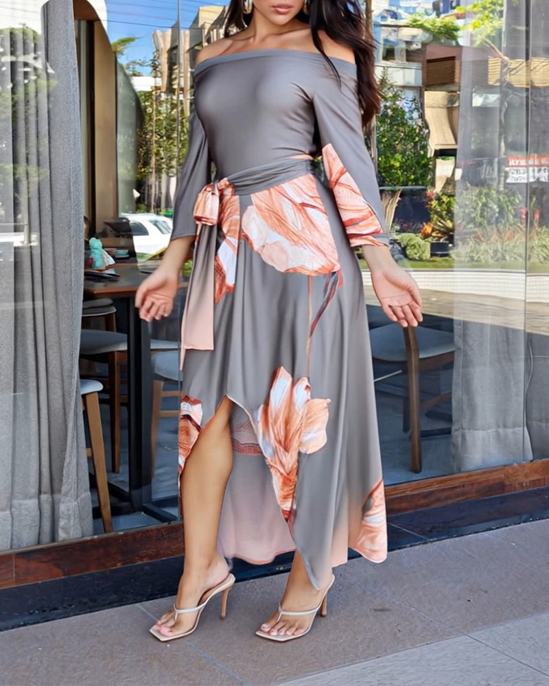 Floral Placement Print Off Shoulder Bow Tie Waist Dress Casual Asymmetrical Hem Vacation Dress