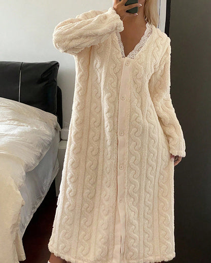 Stylish Contrast Lace V Neck Night Dress Casual Long Sleeve Weaving Knit Coral Sleepwear