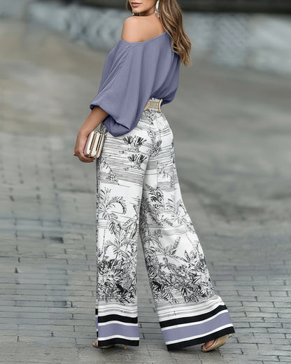 2 Pieces Outfit Skew Neck Batwing Sleeve Loose Fit Top and Plants Print Zipper Fly Colorblock Striped Trim Wide Leg Pants Set without Belt