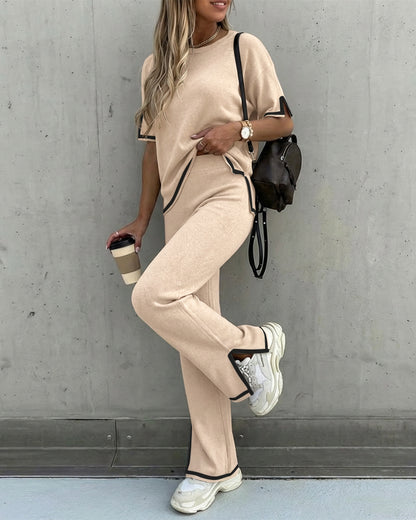 2 Pieces Outfit Round Neck Short Sleeve High-Low Hem Top and Elastic Waist Straight Leg Pants Set Casual Contrast Paneled Side Slit Knit Loungewear Set