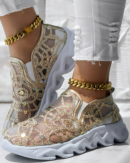 Contrast Sequin Sheer Mesh Patch Breathable Sneakers